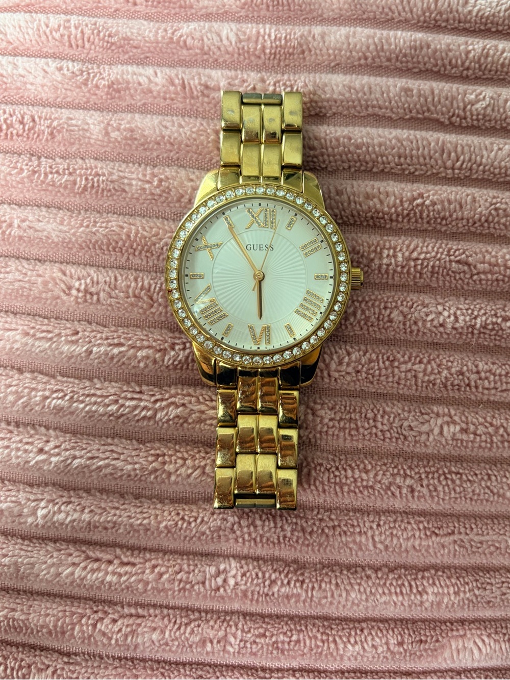 GUESS Gold Crystal Bezel Roman Numeral Watch - Style W0444L2